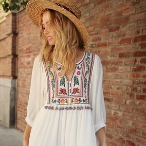 Off White Floral Embroidered Tassel Detail Dress